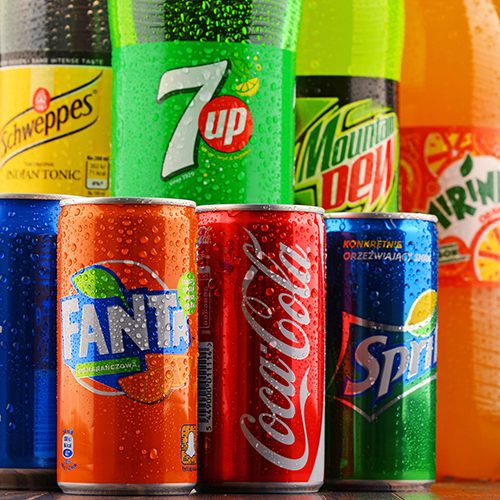 70406168 - poznan, poland - jan 18, 2017: global soft drink market is dominated by brands of few multinational companies founded in north america. among them are pepsico, coca cola and dr. pepper snapple group